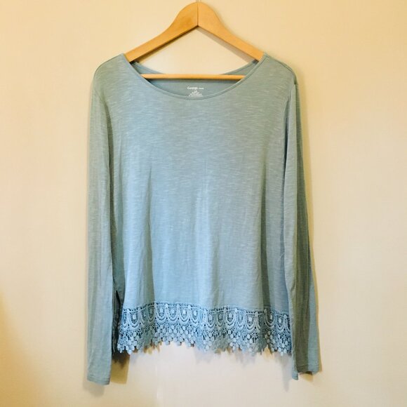 Robin Egg Blue Lace Hem Long Sleeve Rayon Top - Picture 1 of 15